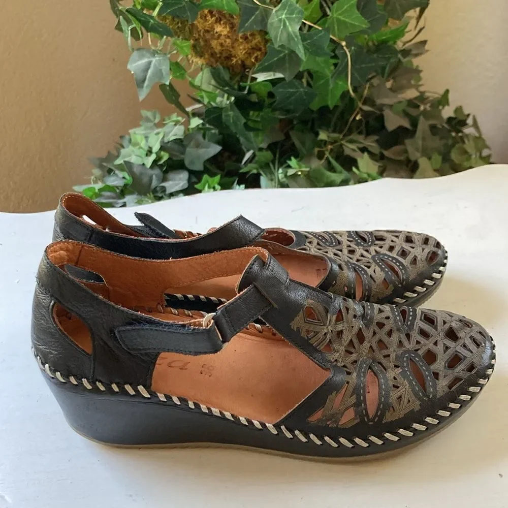 Biza Genuine Soft Leather Lazer Cutout T-Strap Wedge Shoes EUR  38